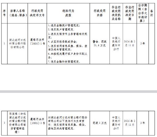 湖北老河口农村商业银行被罚51.6万元：违反金融统计管理规定等  第1张