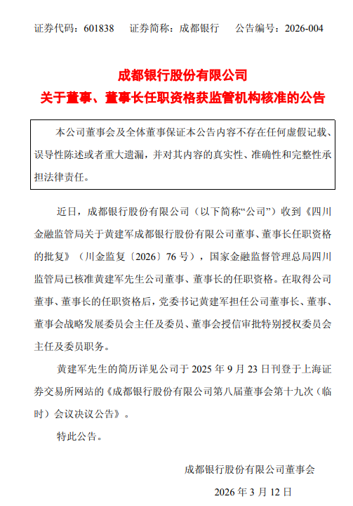 成都银行:董事长黄建军任职资格获监管机构核准 第1张 成都银行:董事长黄建军任职资格获监管机构核准 第1张